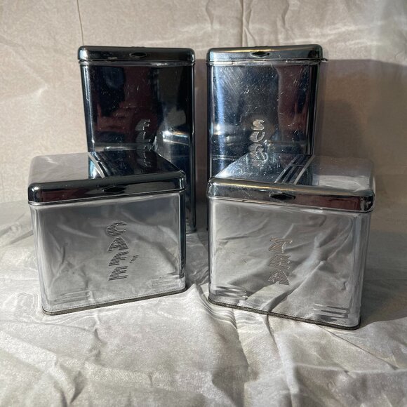 Vintage Mid Century MCM Queen Pantry Canister set of 4 Chrome (249) - Picture 1 of 3